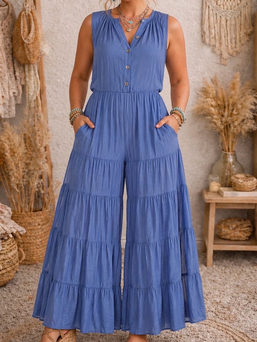 Erika Pena Blue Tiered Wide-Leg Adele Jumpsuit OS
